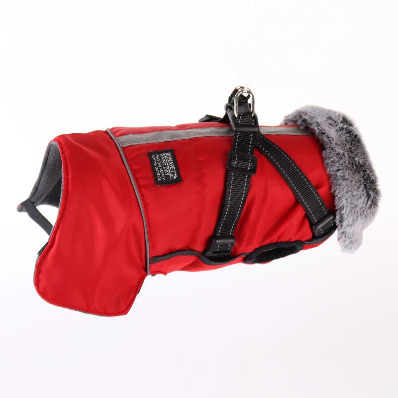 Winter Dog Clothes Waterproof Large Dog Jacket Coats With Harness Warm Fur Collar Clothing For Big Dogs Doberman Greyhound