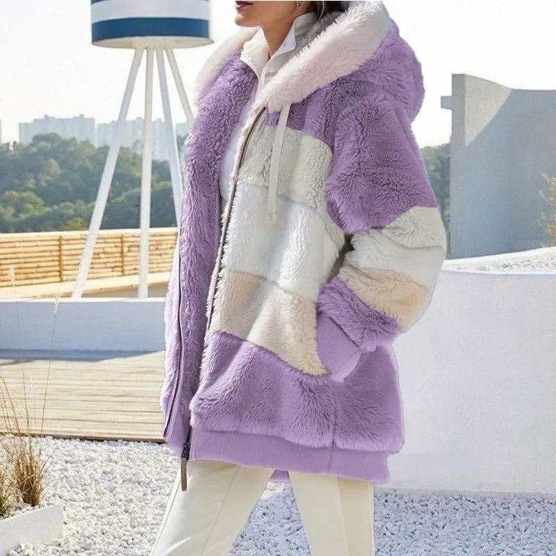 2024 Autumn Winter Warm Plush Patchwork Zipper Pocket Hooded Loose Coat Women