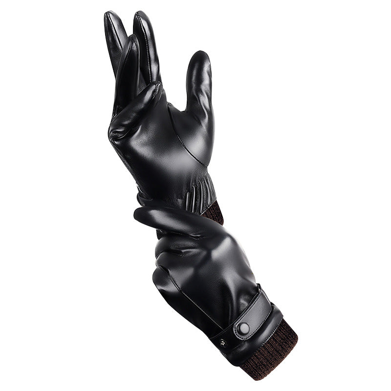 Winter Leather Fleece-Lined Warm Gloves for Men, Windproof Cycling