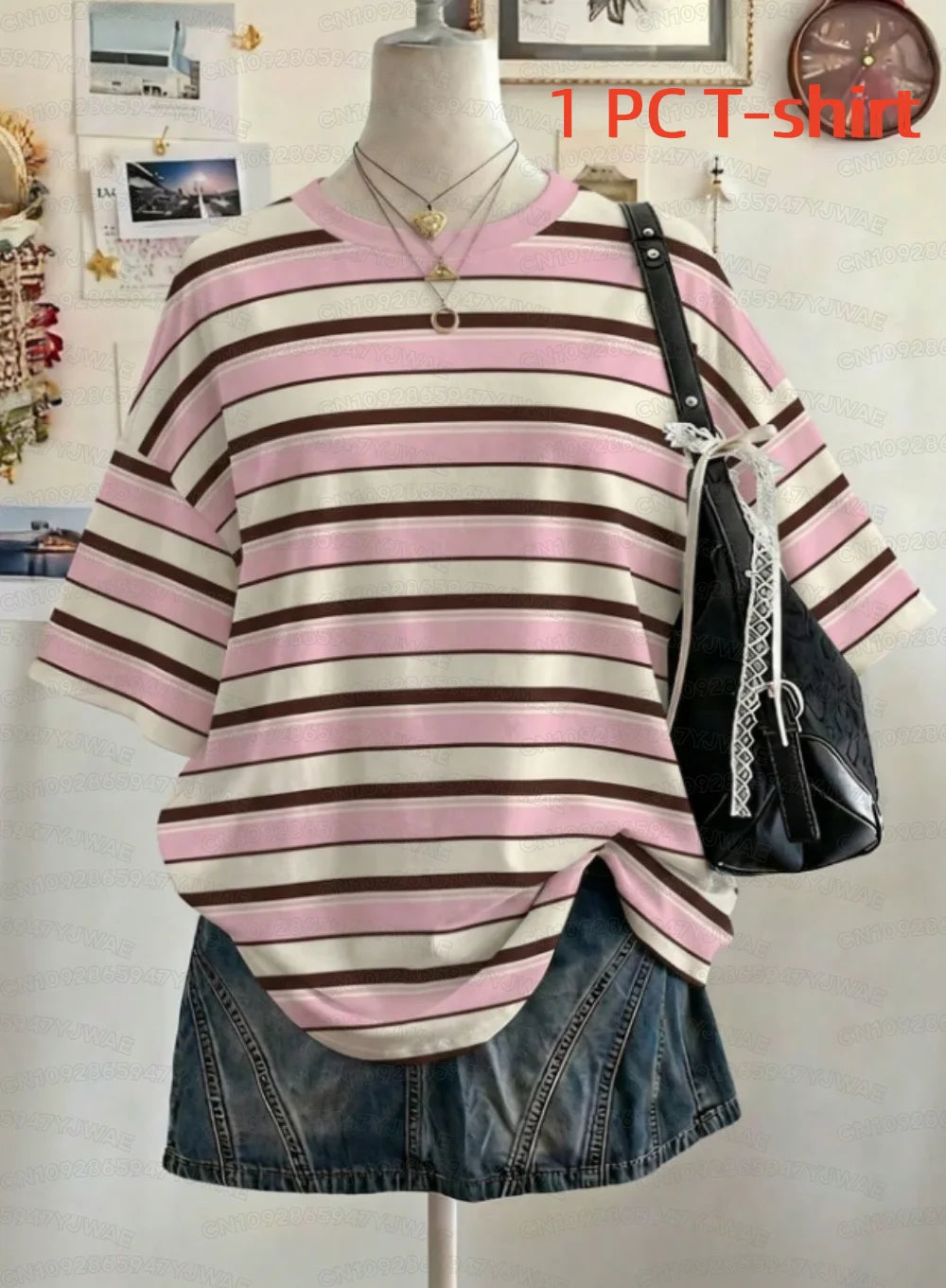 Summer Y2K Striped Print Casual Oversized Round Neck Drop Shoulder Women Short Sleeve T-shirt Street Casual Sports Top
