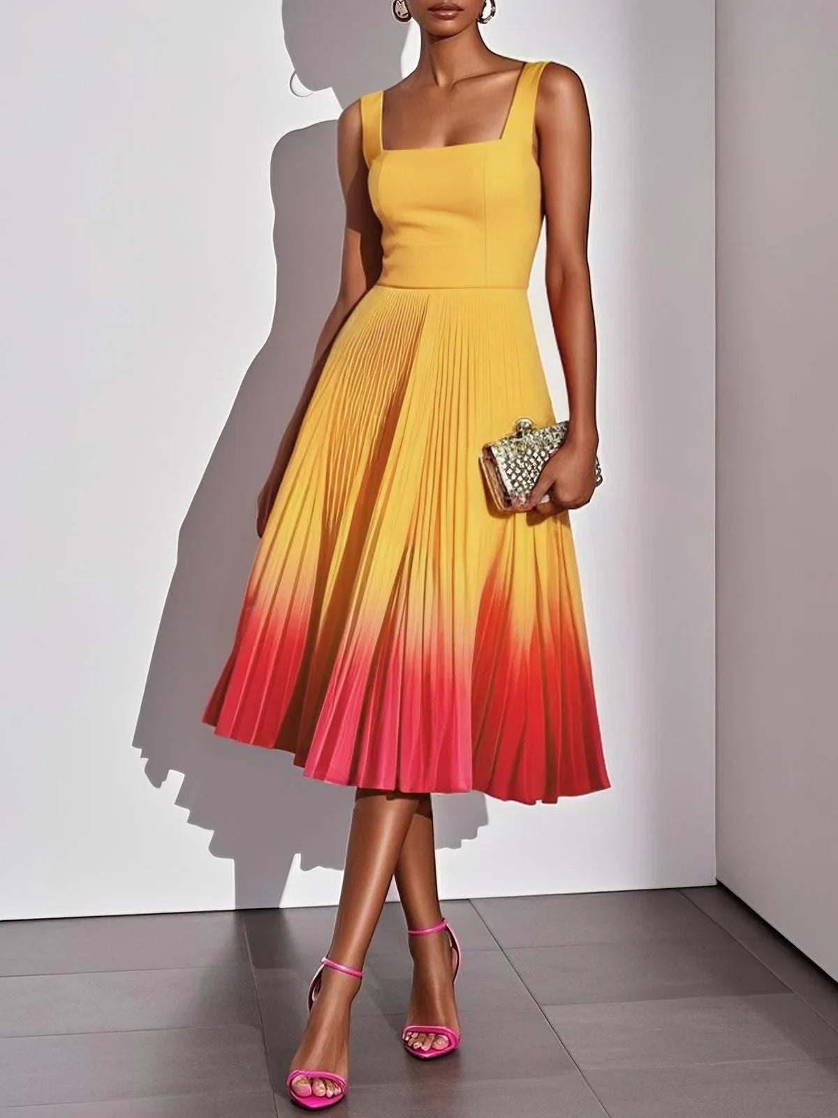 Square Neck Ombre Pleated Midi Dress