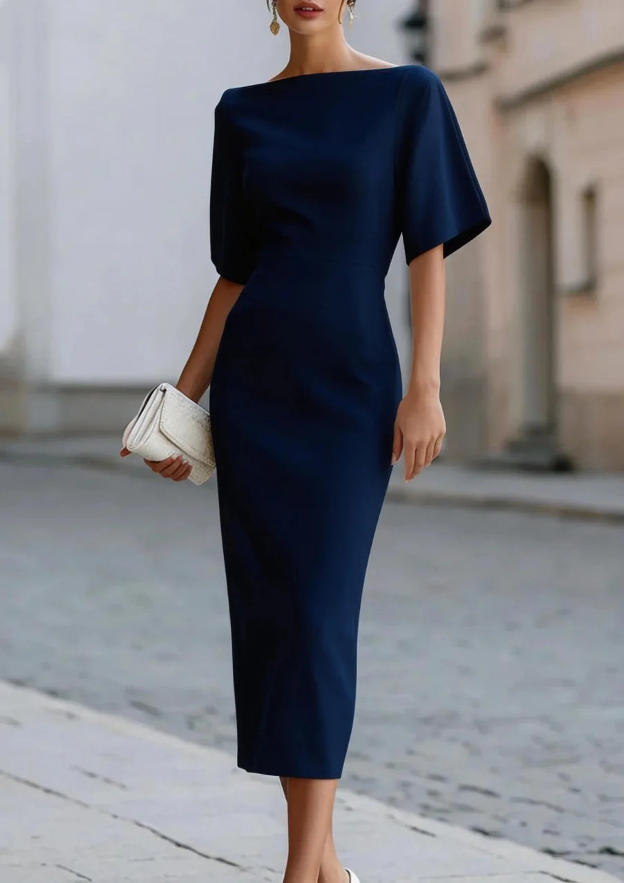 Elegant Boat Neck Half Sleeve Midi Dress Fitted Waist Formal Party Gown