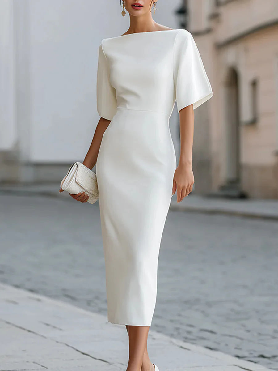 Boat Neck Batwing Half Sleeve Solid Midi Pencil Dress Fitted Waist Simple Clean Cut Bodycon Mid Length Sheath Gown