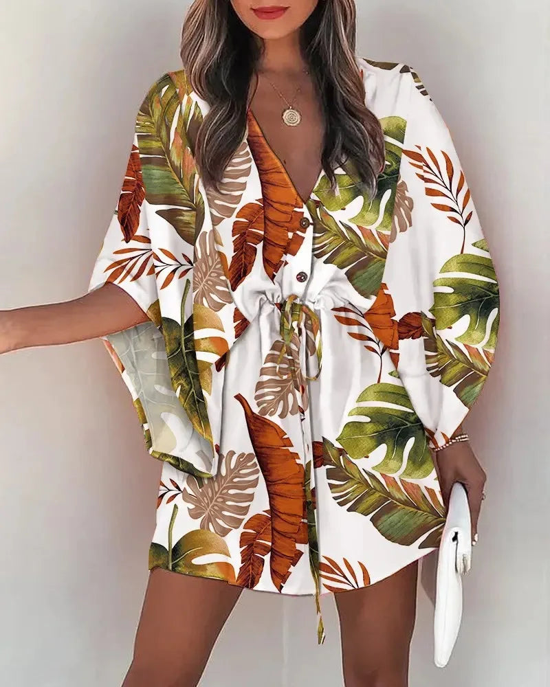 Floral Print Batwing Sleeve Dress with Ruffle Hem