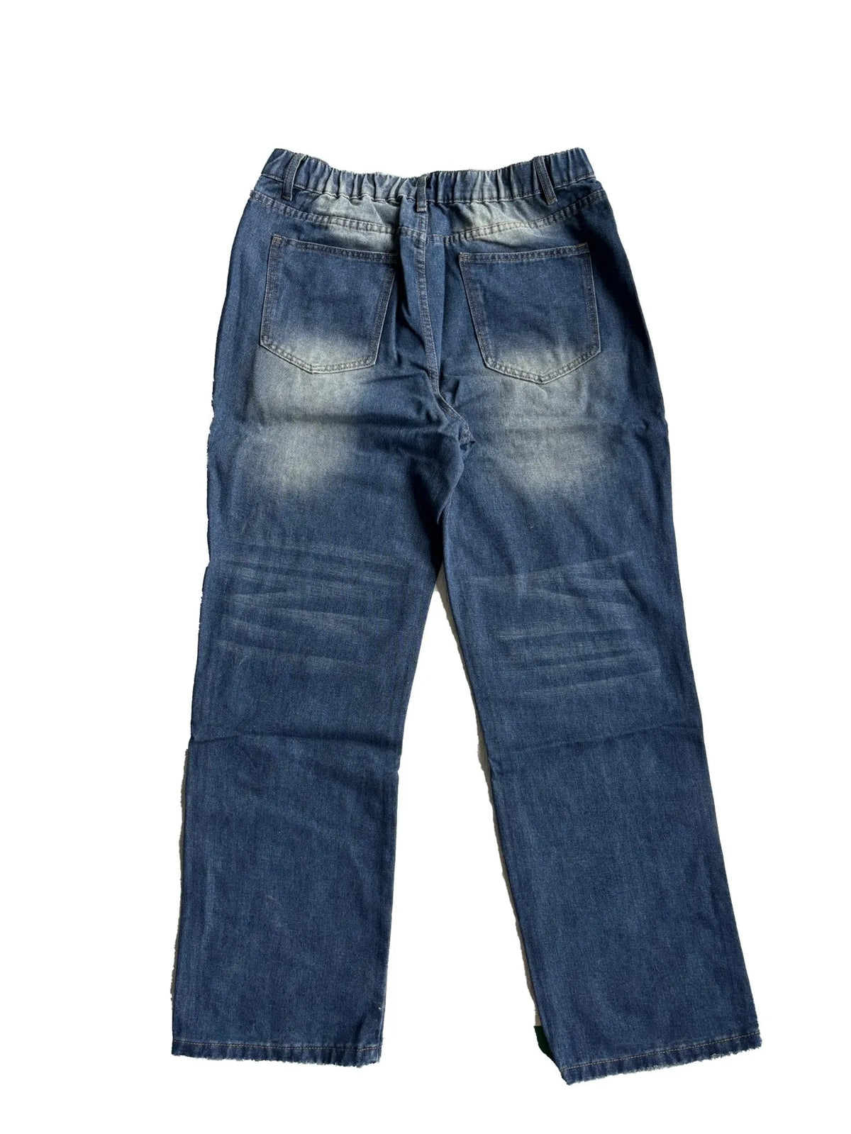 【HME】Men's jeans | Elastic Rear Waist Vintage Destroyed‑effect denim pants, retro cat‑whisker fade men denim trousers, multi‑position subtle frayed rip, roomy wide‑leg silhouette street men pants