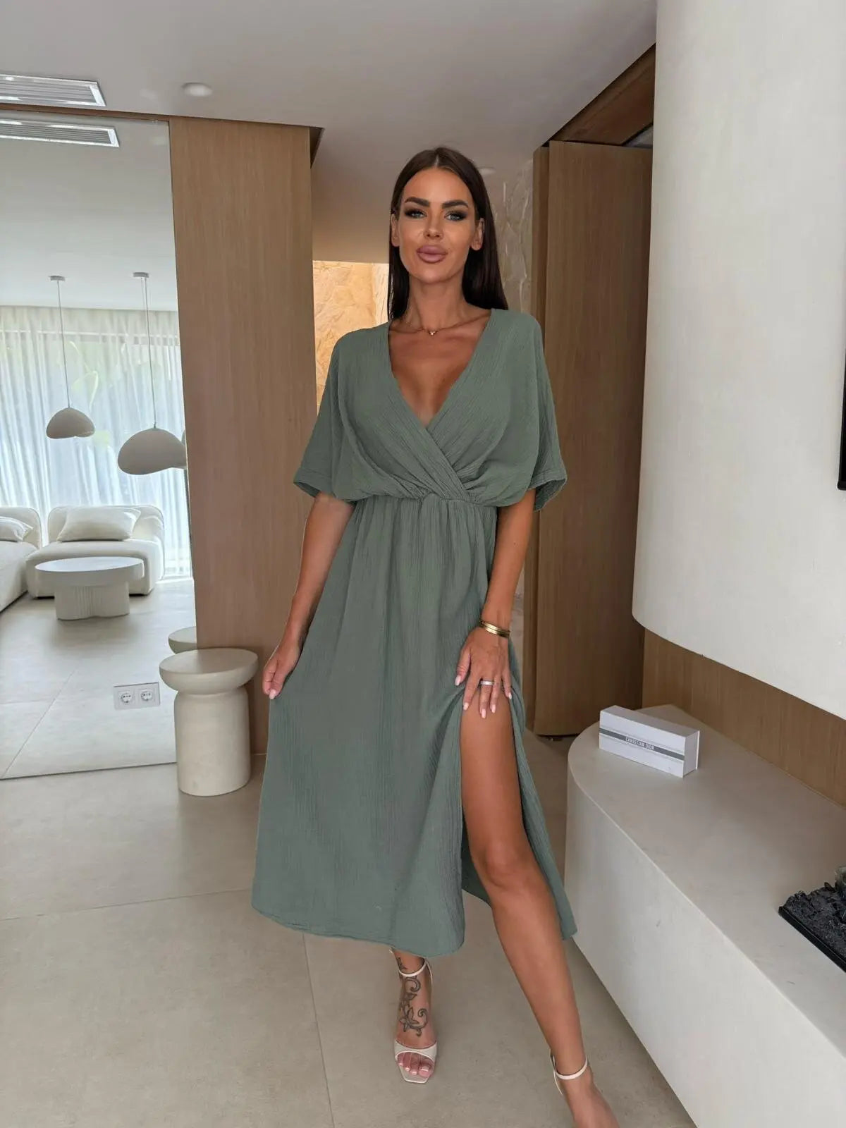 Women V Neck Short Sleeve Ruched Waist High Slit Midi Dress Elegant Summer Casual Beach Holiday Flowy Maxi Dress
