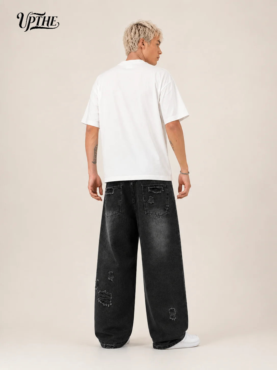 Men's Baggy Wide Leg Ripped Jeans, Y2K Distressed Jacquard Denim Pants, Loose Fit Hip Hop Streetwear Casual Denim Trousers for Men