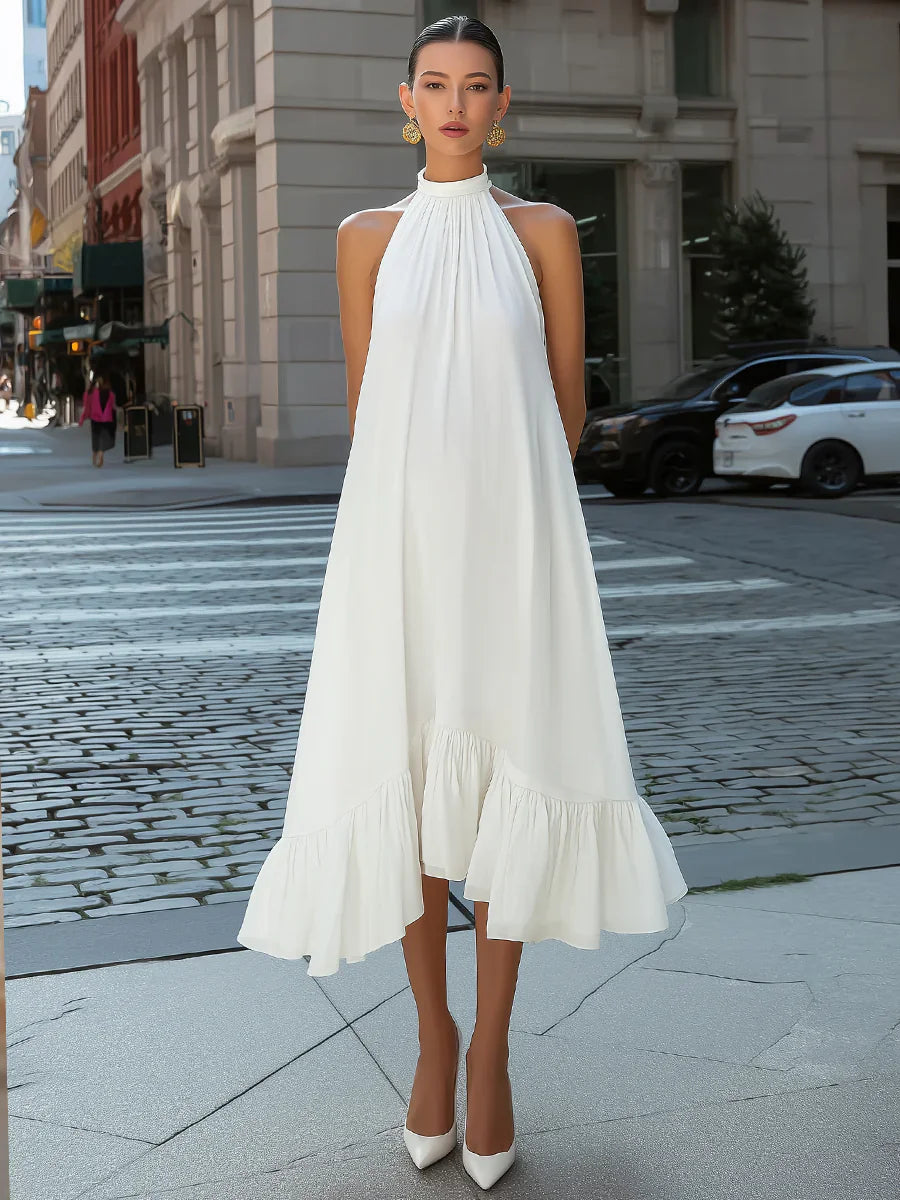 Sleeveless Halter Neck Flowy Midi Dress with Ruffled Hem A-Line Loose Fit Casual Summer Vacation Party Wear