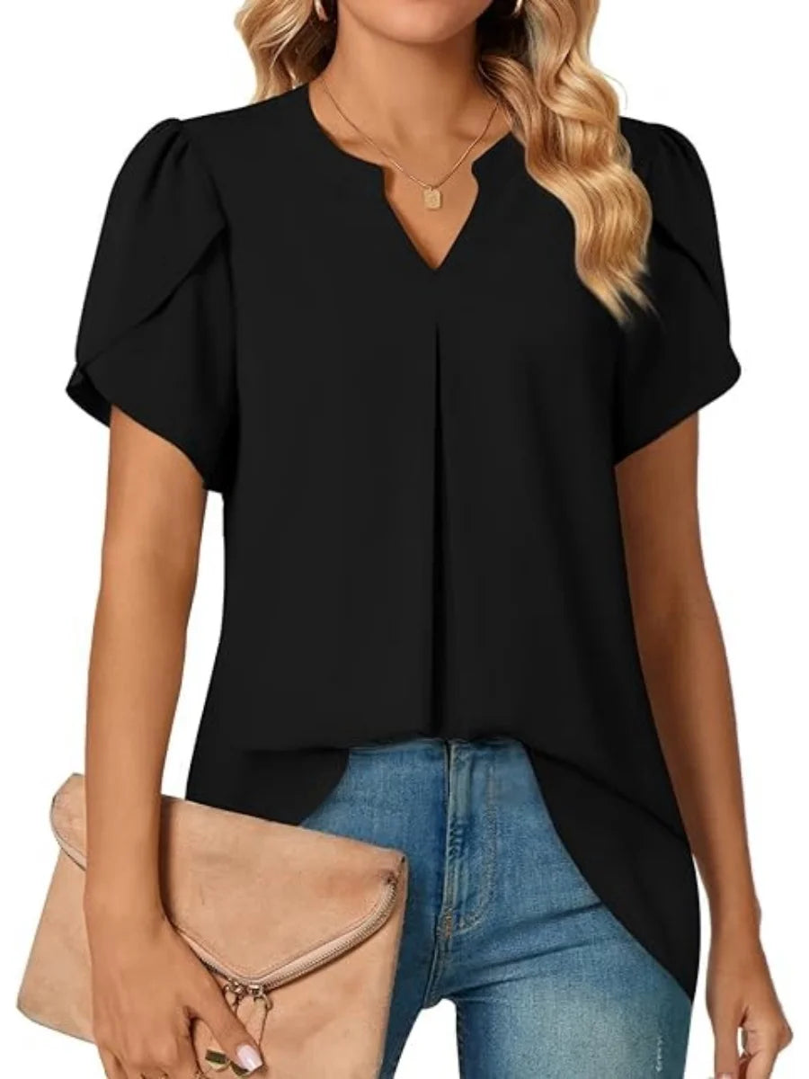 Women's Short Sleeve Chiffon Blouse V Neck Ruffle Sleeve Loose Fit Casual Top for Summer Office Wear