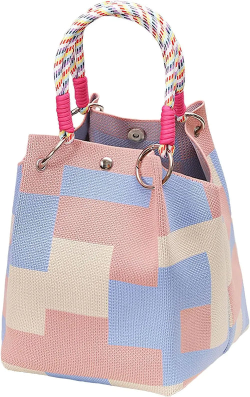 Mini Knitted Bucket Bag Women Small Handbag Geometric Colorblock