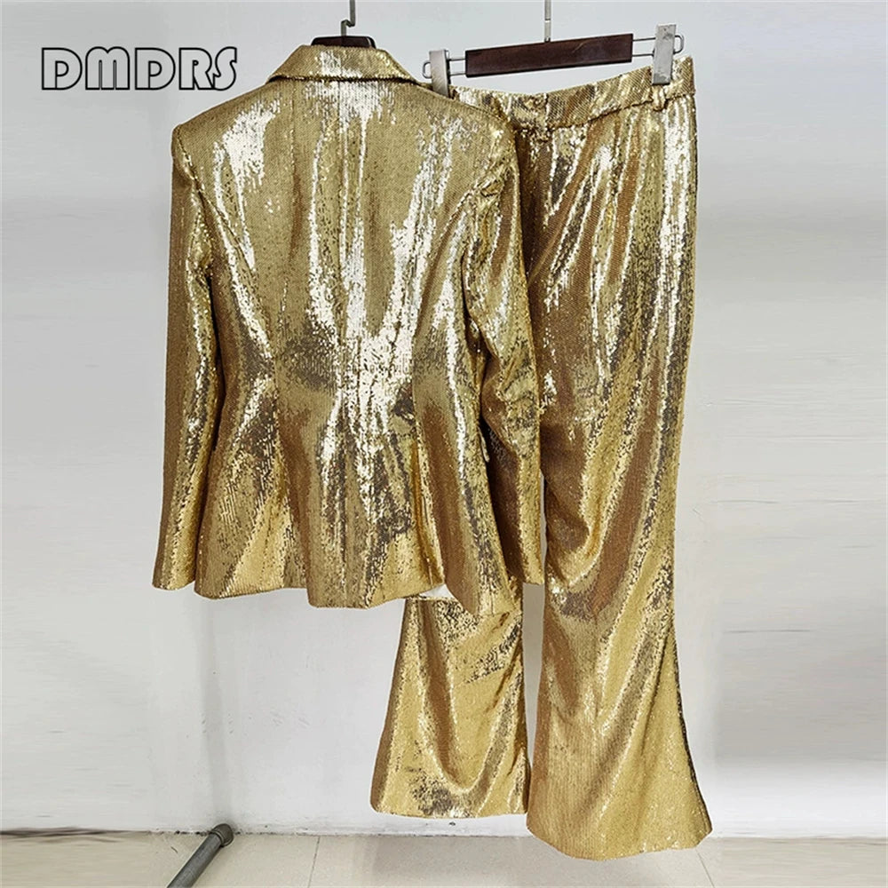 Suoer Slim Fitting Women's 2-Piece Party Suit Jacket Pants Set, S-XXL Night Prom Outfit Dazzling Sequined Suit Set for Women