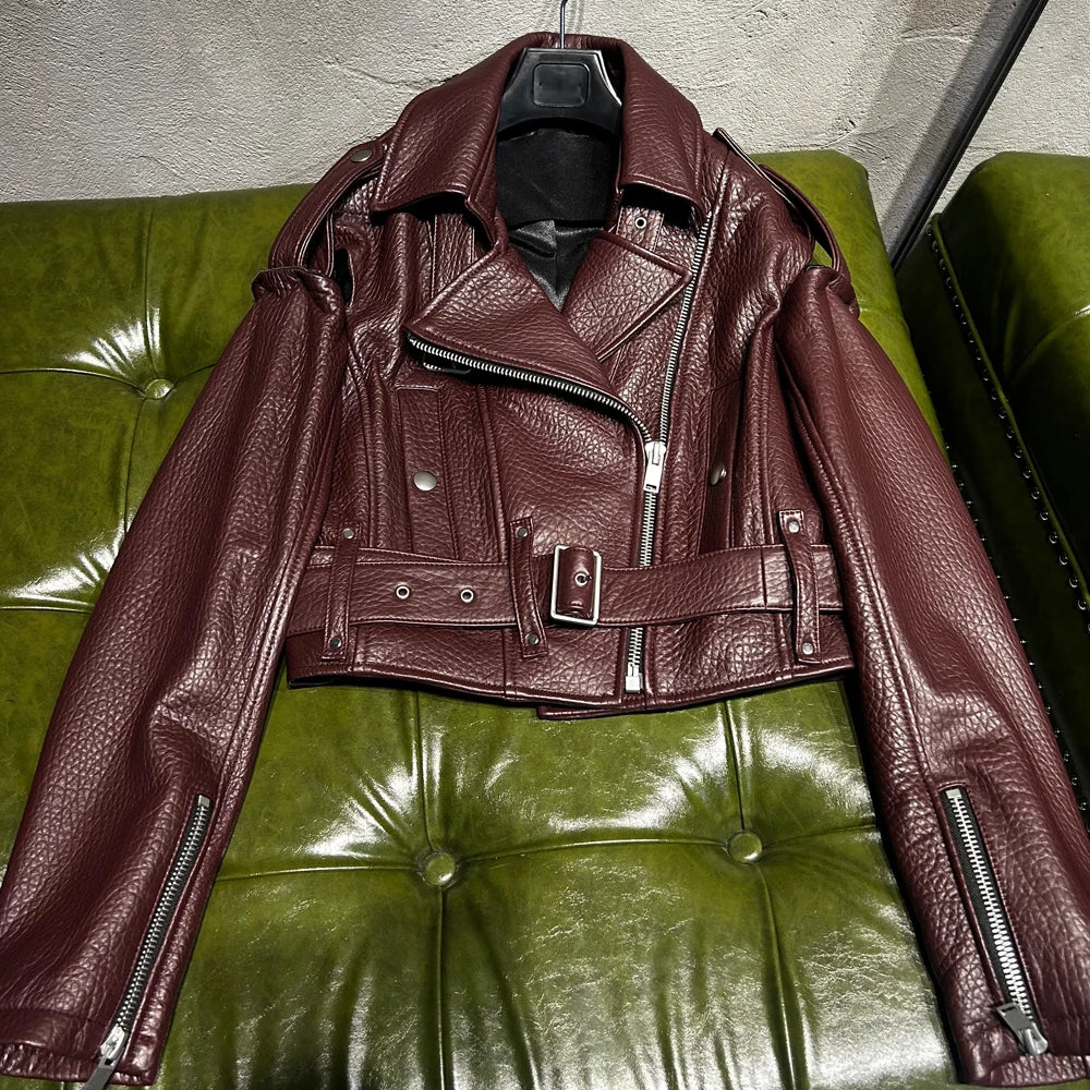 Real Leather Jacket Women Vintage Black Leather Jacket Cropped Jacket With Belt Spring