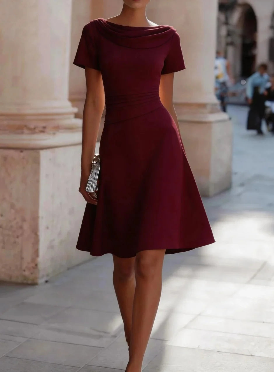Elegant Short Sleeve Boat Neck Fitted Waist A Line Midi Dress for Women Formal Occasions