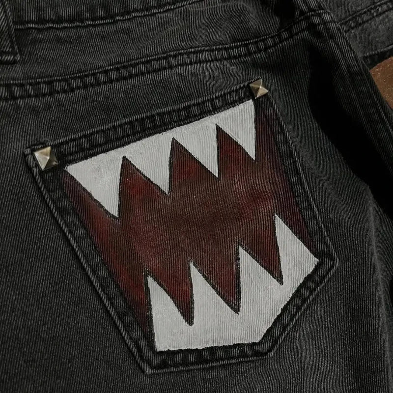 Washed Black Baggy Men Monster Tooth Embroidery Jeans Pocket Wide Leg Denim Pants Y2k Streetwear Hip Hop Loose Trousers Unisex
