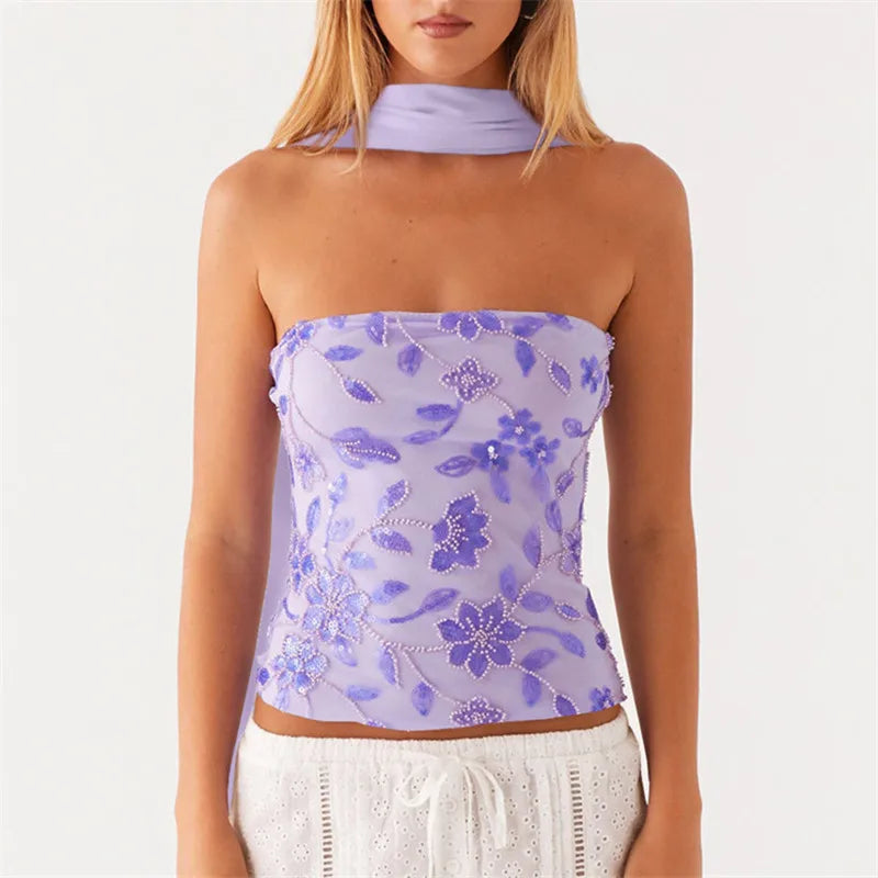 hirigin Women Y2K Sequin Tube Top with Scarf Sexy Backless Pearl Embellished Beaded Cami Bling Glitter Rhinestone Camisole