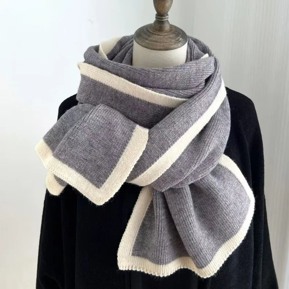Solid Color Winter Knit Scarf Warm Soft Material Casual Style Neck Warmer Double-Sided Design Contrast Edge Double-Sided Scarf