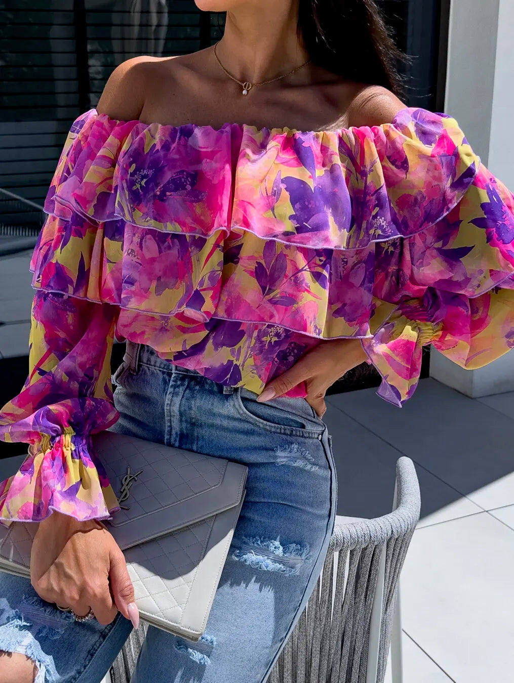 Women Off Shoulder Ruffle Blouse Long Sleeve Floral Print Sheer Chiffon Top Tiered Layered Design Fashion Casual Summer Blouse