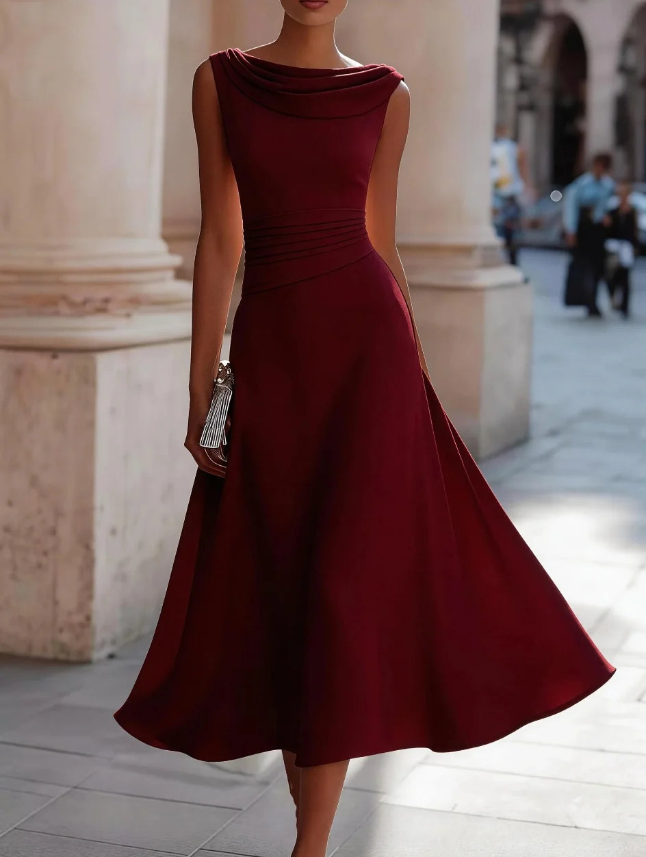 Women's Sleeveless Cowl Neck A Line Chiffon Midi Dress for Cocktail Party and Wedding Guest