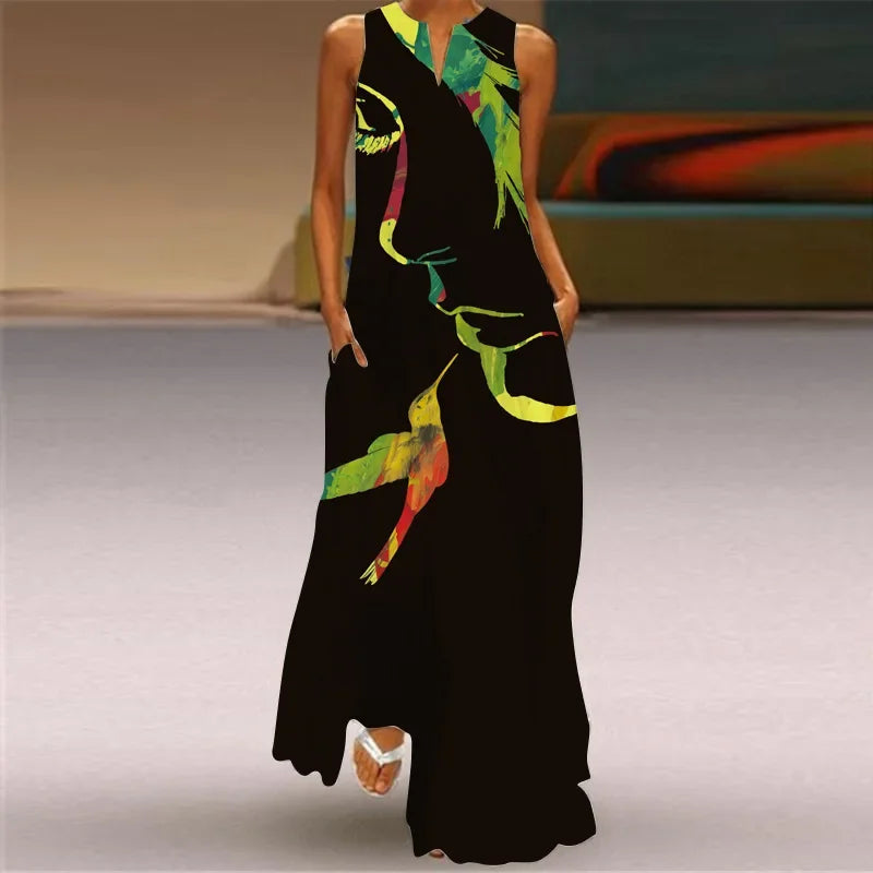 Elegant Sleeveless Women Dress Summer Vintage Print Loose Long Maxi Dresses Lady V Neck Pocket Sundress Femme Vestido Plus Size
