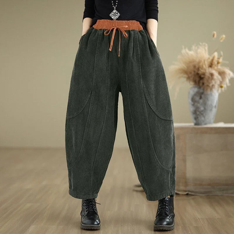 Corduroy Bloomers Women Loose Harlan New Elastic Waist Warm Retro Trousers Autumn Winter Fashion Big Pocket Wide-Leg Pants