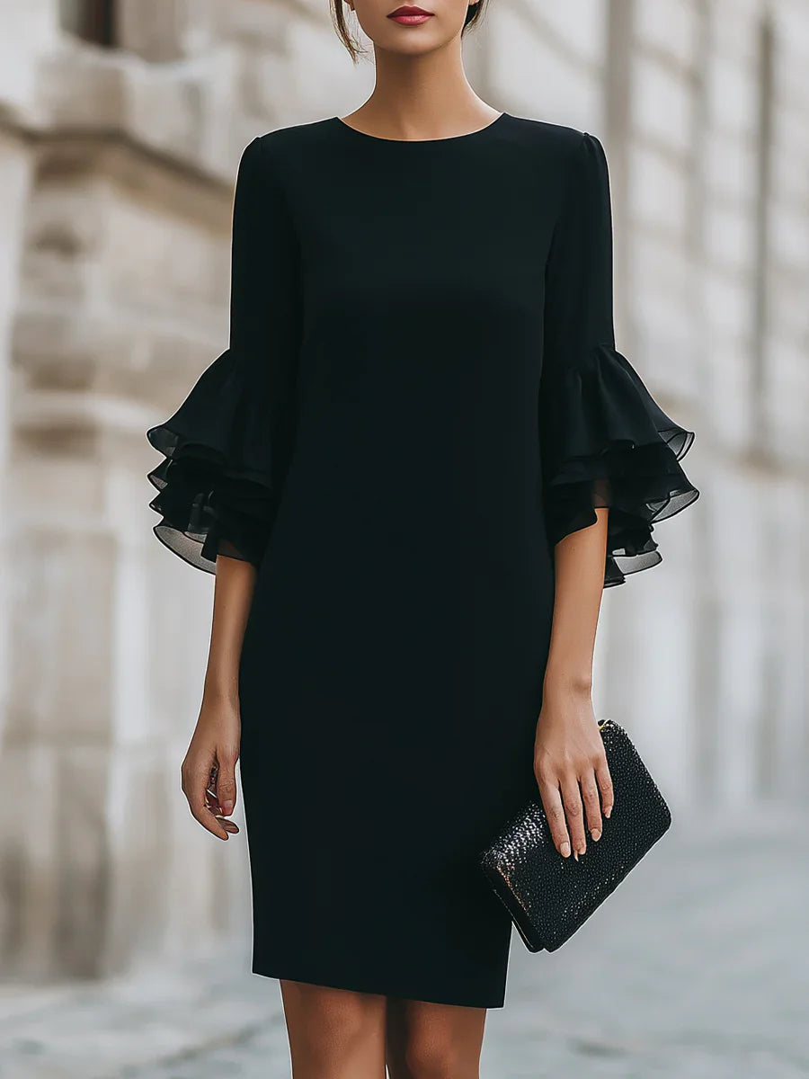 Ruffle Sleeve Bodycon Midi Dress Women Elegant Knee Length Sheath Party Cocktail Dress Long Sleeve Office Lady Dresses