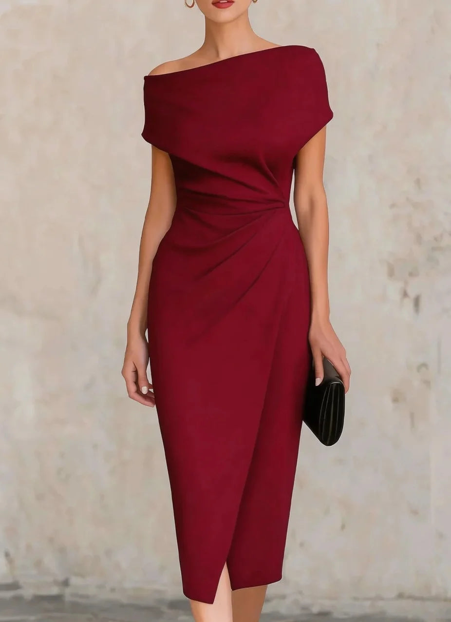 Women's Off Shoulder Ruched Bodycon Midi Dress for Cocktail Party and Formal Events