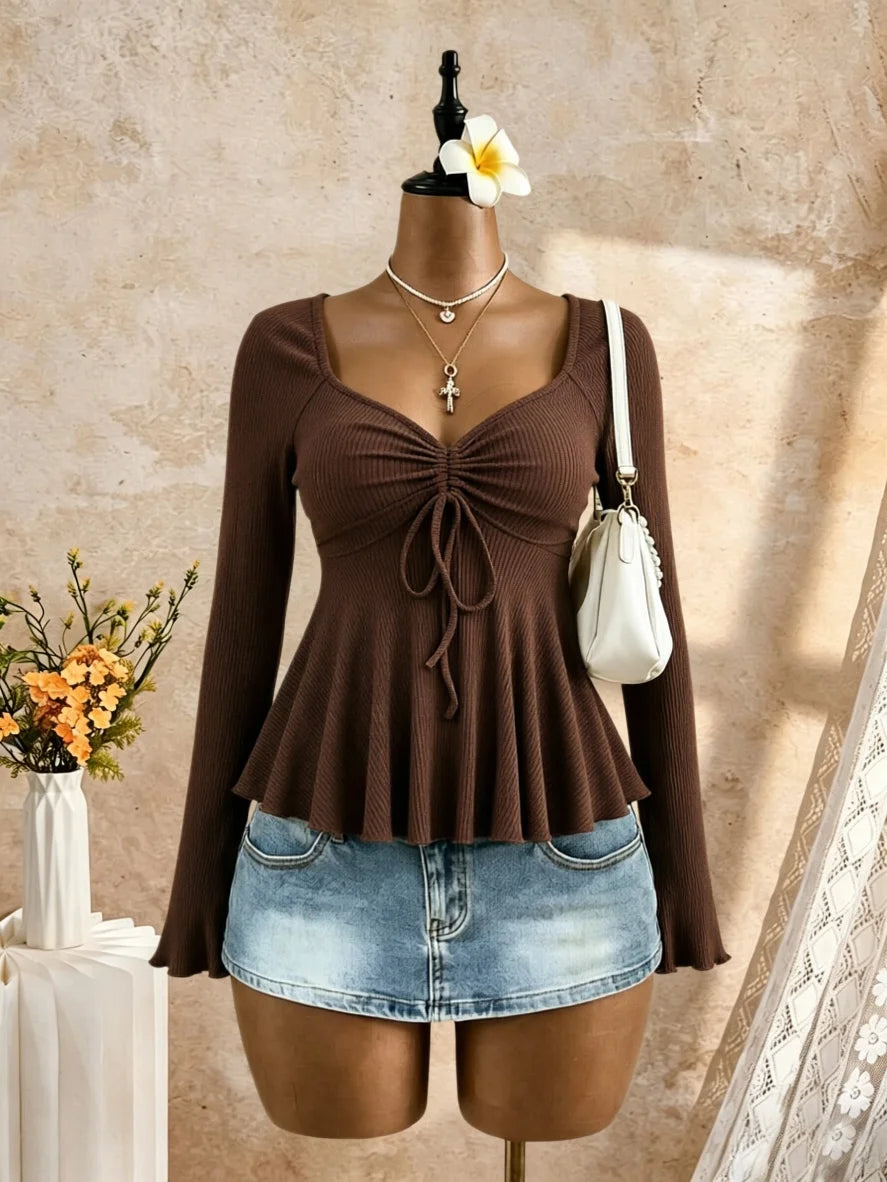 Women Square Neck Ruched Drawstring Bust Flare Long Sleeve Peplum Top Ribbed Knit Solid Black Slim Fit Casual Blouse