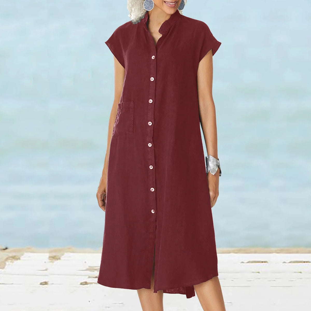Fashion Loose Shirt Dress 2026 Summer Women's Casual A-line Midi Dress Solid Color Pockets Short Sleeved Dresses Buttons Clothes