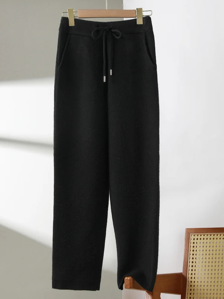 100% Pure Wool Small Leg Pants Kintted Autumn Winter Women's Fashionable Casual Versatile Thick Solid Color Pocket Cashmere Pant