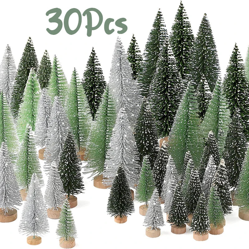 30Pcs Mini Christmas Trees Christmas Decorations Snow Frost Tree With Wooden Base For Table Decor Christmas Village (5 Sizes)