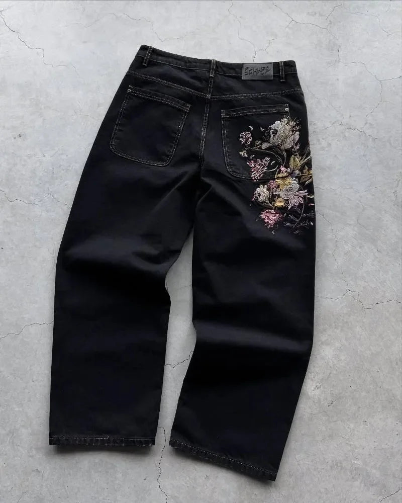Vintage Low Waist Hip Hop Cherry Blossom Embroidered Jeans Wide Leg Trousers Y2K Clothes Mens Womes Embroidered Baggy Jeans