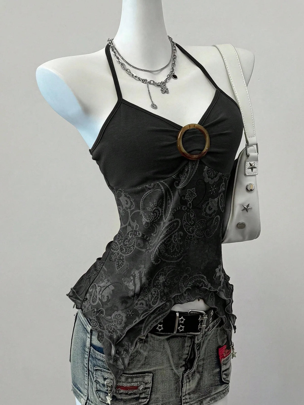 Sexy Spicy Girl Sleeveless Halter Tops Women's Printed Mesh Splice Slim Fit Backless Camisole Summer Fashion Elegant Crop Top