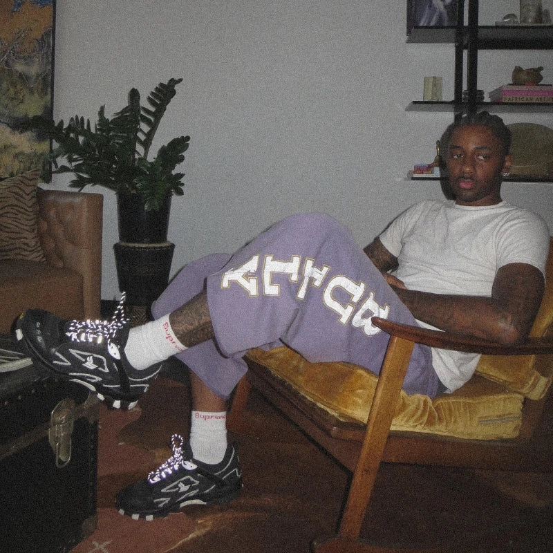 Y2K Retro Imperfect Purple Shorts Sunfade Letter Print Capri Pants American Hip Hop Casual Streetwear Unisex Baggy Sweatpants