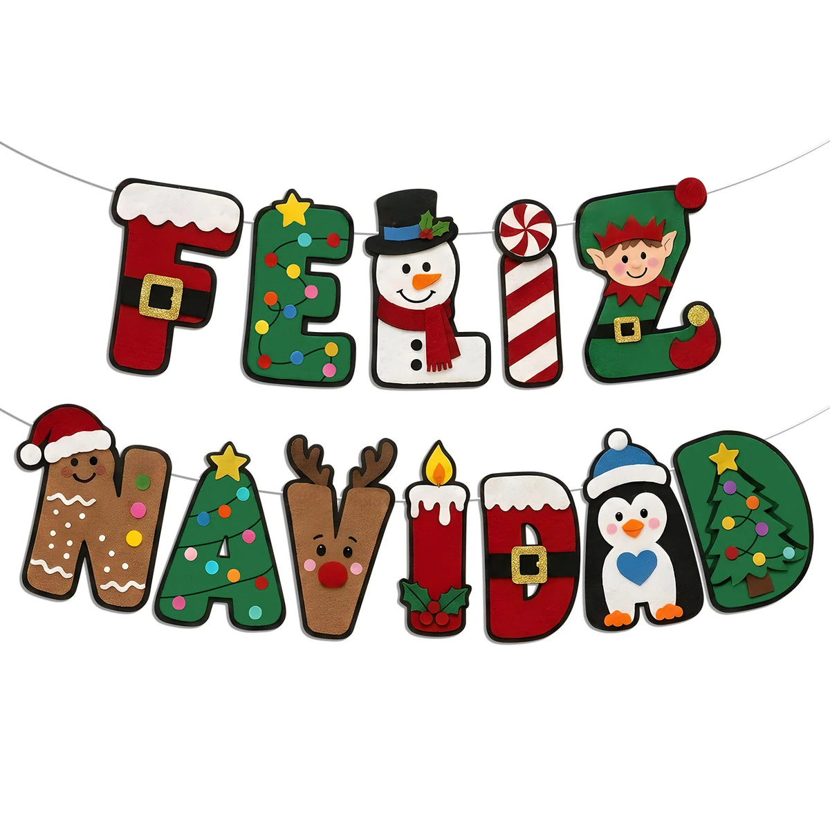 Felt Feliz Navidad Banner Spanish Christmas Letter Garland Snowman Elf Penguin Xmas Wall Hanging Decor for Home Fireplace Party