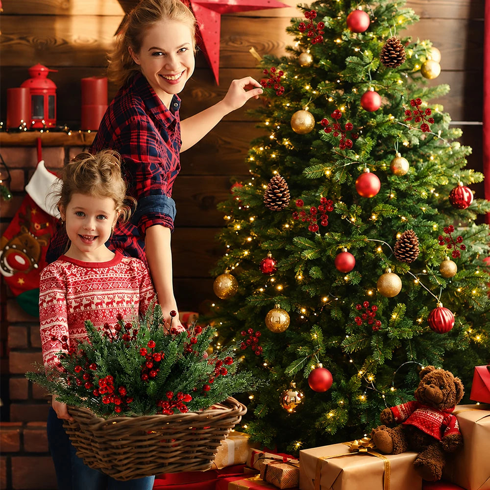 50Pcs Christmas Artificial Pine Branches Red Berry Stems Pine Cones Pine Needles for DIY Craft Garland Wreath Xmas Home Decor