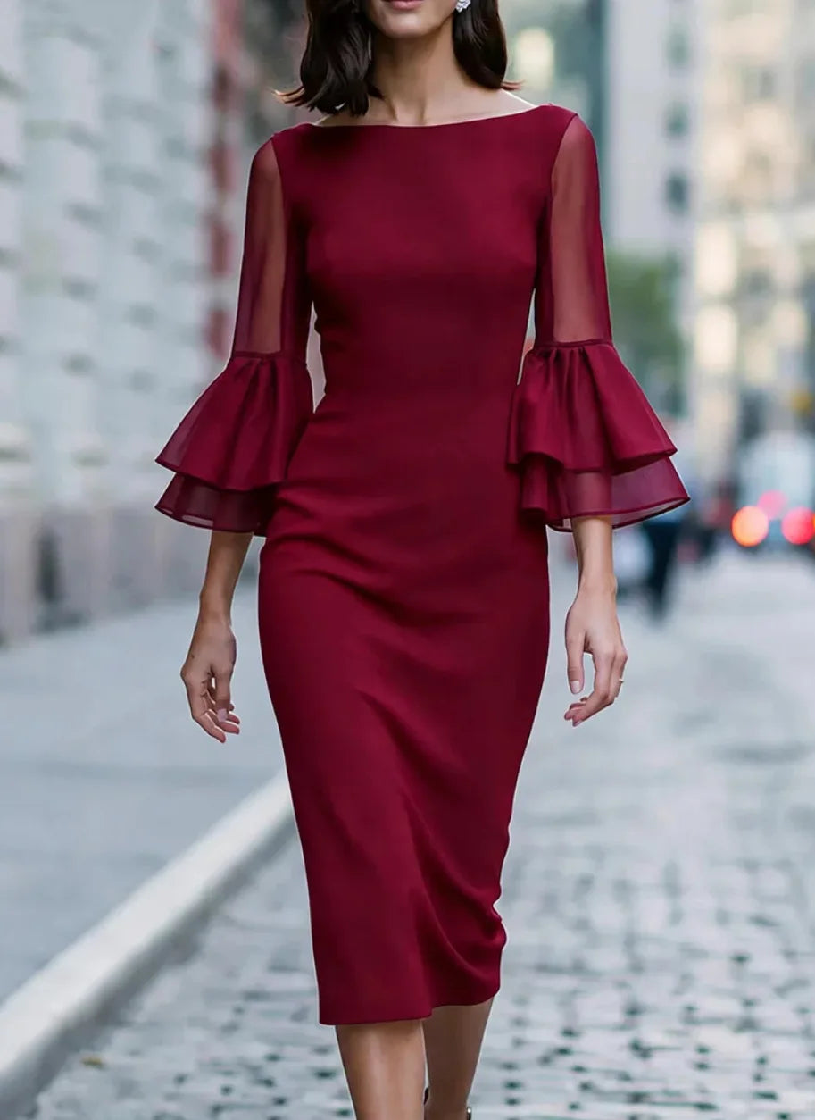 Boat Neck Sheer Mesh Double Layer Flare Three Quarter Sleeve Slim Midi Pencil Dress Women Elegant dress