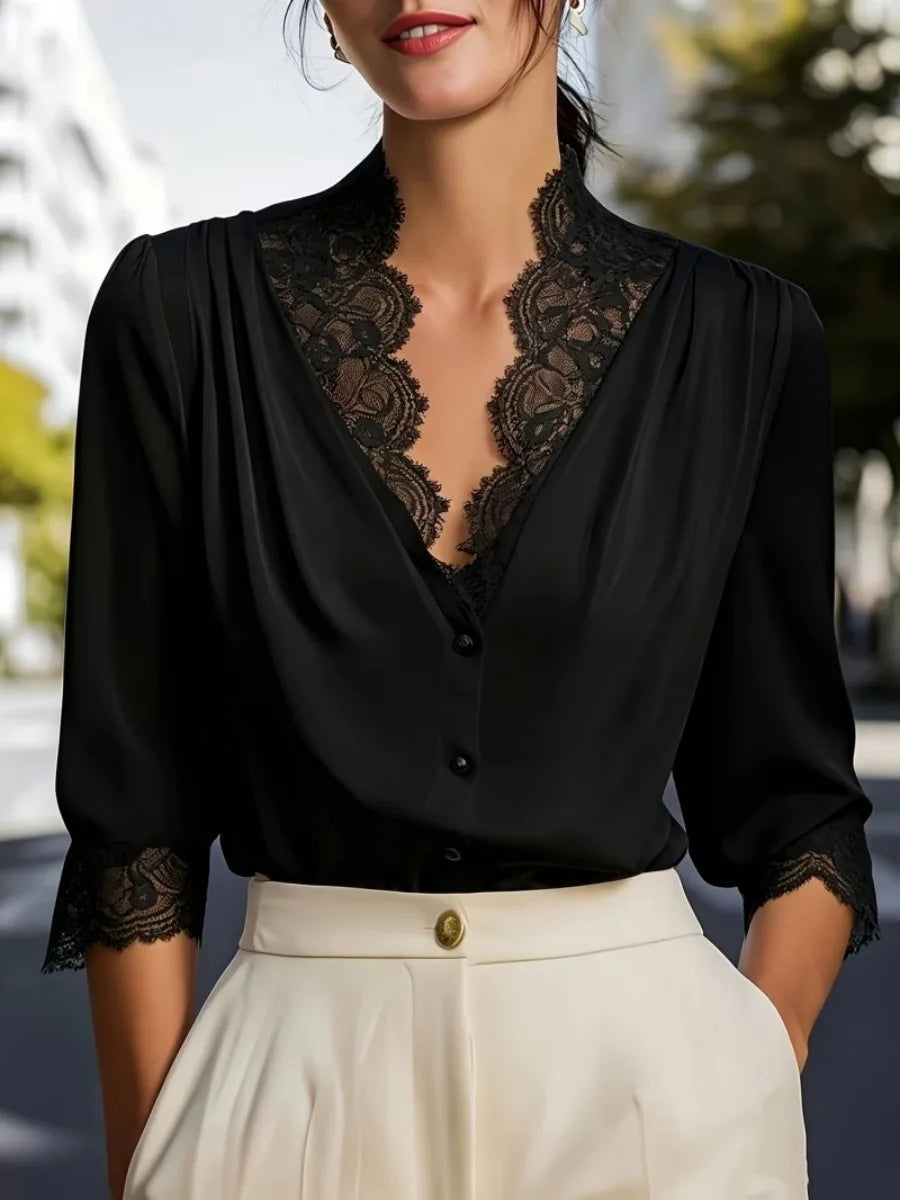 Women Lace Trim V Neck Blouse Three Quarter Sleeve Front Button Pleated Elegant Casual Commuter Shirt