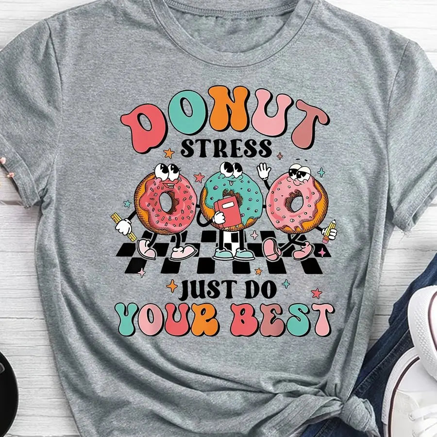 Cartoon Donut Print T-shirt, Short Sleeve Crew Neck Casual Top For Summer & Spring, Women's Clothing