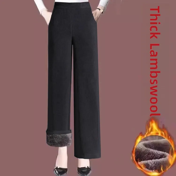Thickened Fleece Autumn Winter Corduroy High Waist Wide Leg Pants Women's Fashionable And Warm Trousers for Middle-Aged And E...