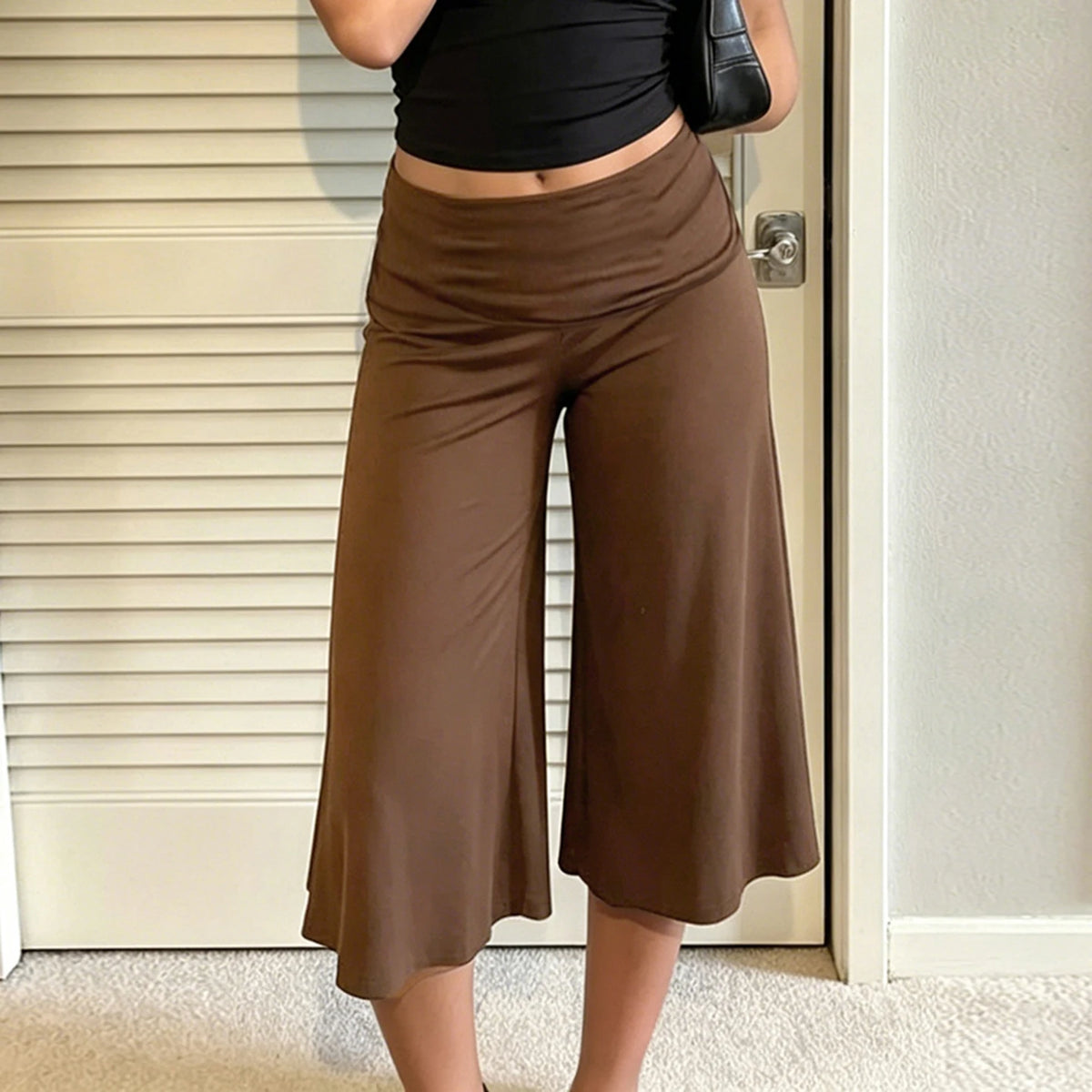 Fold Over Low Waist Knit Capri Pants