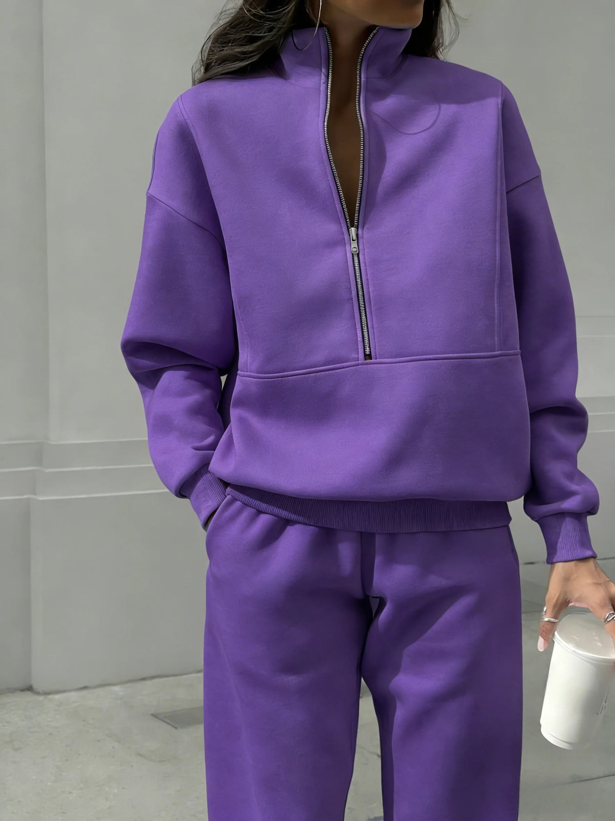 Women Half Zip 2 Piece Tracksuit Set, Stand Collar Long Sleeve Sweatshirt With Pocket & Elastic Waist Jogger Pants, Casual Loose Matching Loungewear Outfit