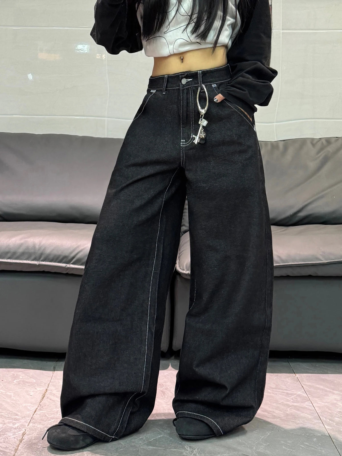 Cartoon Print Wide Leg Jeans in Black
