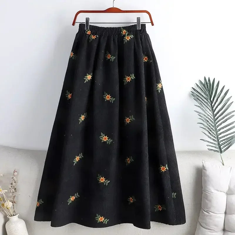 Corduroy Embroidery Women's Skirts Autumn Winter New Arrival Floral Skirts Female High Waist Slimming Mid-calf Skirt for Woman