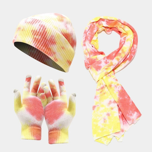 Tie-dye Knitted Hat Gloves Scarf Set Ladies