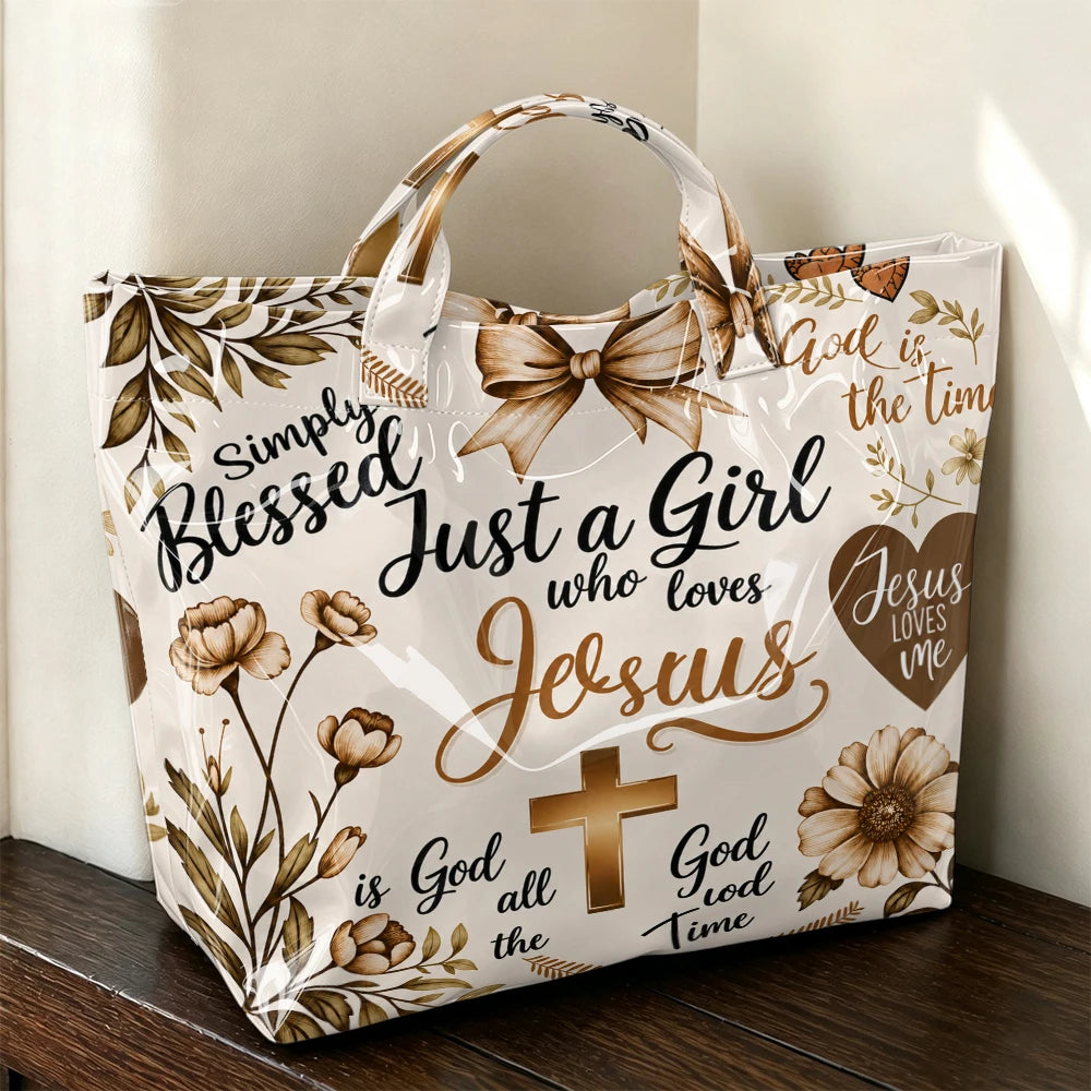 Faith-Inspired Floral Print Tote Bag "Girl Who Loves Jesus" Theme Glossy Single-Shoulder Cross & Plant Pattern Handbag for Church Daily Outings & Everyday Use