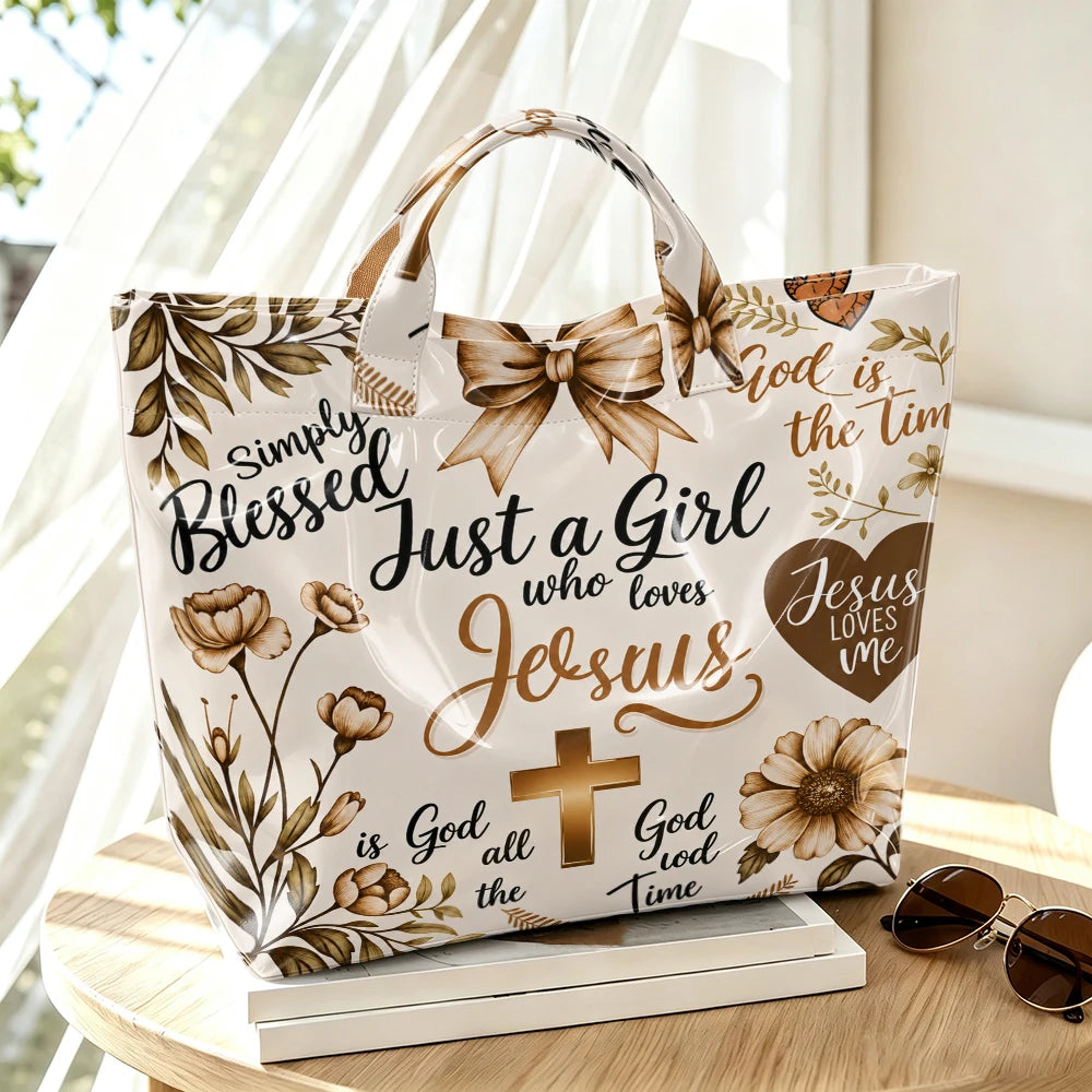 Faith-Inspired Floral Print Tote Bag "Girl Who Loves Jesus" Theme Glossy Single-Shoulder Cross & Plant Pattern Handbag for Church Daily Outings & Everyday Use