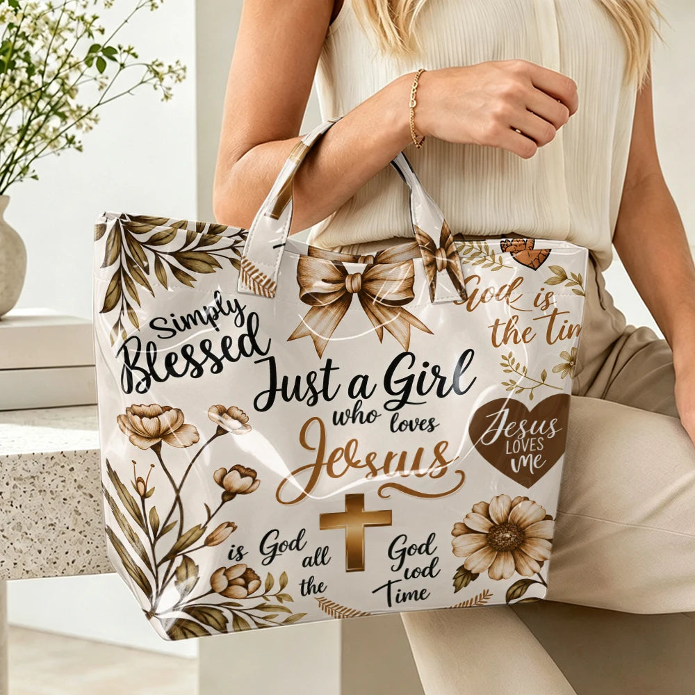 Faith-Inspired Floral Print Tote Bag "Girl Who Loves Jesus" Theme Glossy Single-Shoulder Cross & Plant Pattern Handbag for Church Daily Outings & Everyday Use