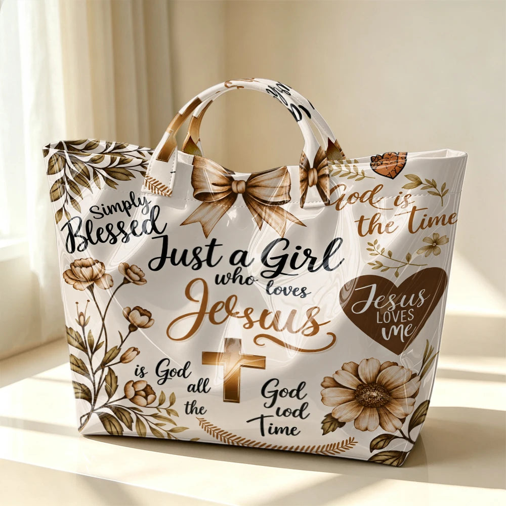 Faith-Inspired Floral Print Tote Bag "Girl Who Loves Jesus" Theme Glossy Single-Shoulder Cross & Plant Pattern Handbag for Church Daily Outings & Everyday Use