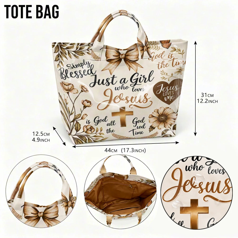 Faith-Inspired Floral Print Tote Bag "Girl Who Loves Jesus" Theme Glossy Single-Shoulder Cross & Plant Pattern Handbag for Church Daily Outings & Everyday Use