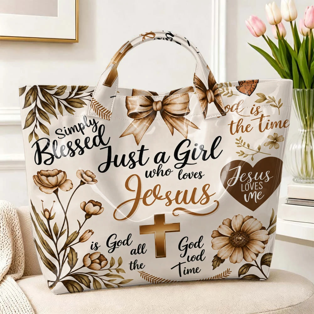Faith-Inspired Floral Print Tote Bag "Girl Who Loves Jesus" Theme Glossy Single-Shoulder Cross & Plant Pattern Handbag for Church Daily Outings & Everyday Use